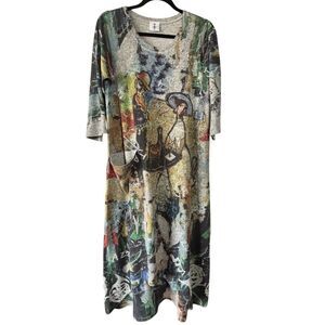 Inoah Gray Floral Print Dress 3/4 Sleeves Jazz Theme Art to Wear